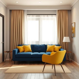 A hyper-realistic 3D-rendered living room in a modern two-room apartment featuring a deep blue sofa adorned with three small yellow cushions, complemented by a vibrant yellow chair