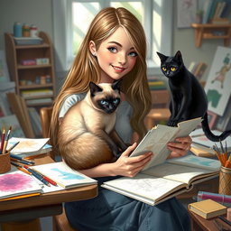 A charming scene of a young woman with long hair, sitting at an art desk, holding a Siamese cat in one arm while sketching with the other hand