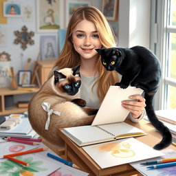 A charming scene of a young woman with long hair, sitting at an art desk, holding a Siamese cat in one arm while sketching with the other hand