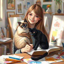 A charming scene of a young woman with long hair, sitting at an art desk, holding a Siamese cat in one arm while sketching with the other hand