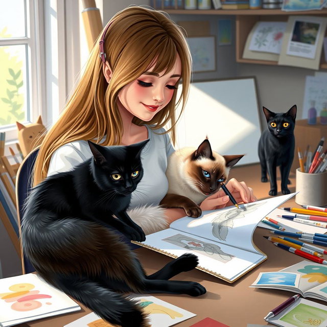 A charming scene of a young woman with long hair, sitting at an art desk, holding a Siamese cat in one arm while sketching with the other hand