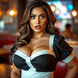 A striking 40-year-old woman dressed in a sexy waitress outfit that highlights her voluptuous figure, prominently featuring her generous cleavage
