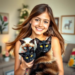 A delightful portrait of a young woman with flowing hair, smiling warmly as she holds a Siamese cat against her chest and a black cat in her arms