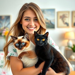 A delightful portrait of a young woman with flowing hair, smiling warmly as she holds a Siamese cat against her chest and a black cat in her arms