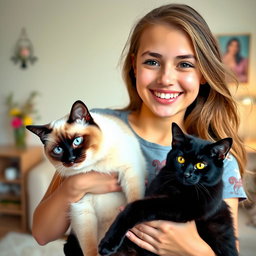 A delightful portrait of a young woman with flowing hair, smiling warmly as she holds a Siamese cat against her chest and a black cat in her arms