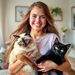 A delightful portrait of a young woman with flowing hair, smiling warmly as she holds a Siamese cat against her chest and a black cat in her arms