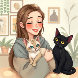 Um encantador desenho de uma jovem garota com cabelo longo, sorrindo enquanto segura um gato siames com olhos azuis e pelagem creme, aconchegado em seus braços