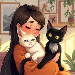 Um encantador desenho de uma jovem garota com cabelo longo, sorrindo enquanto segura um gato siames com olhos azuis e pelagem creme, aconchegado em seus braços
