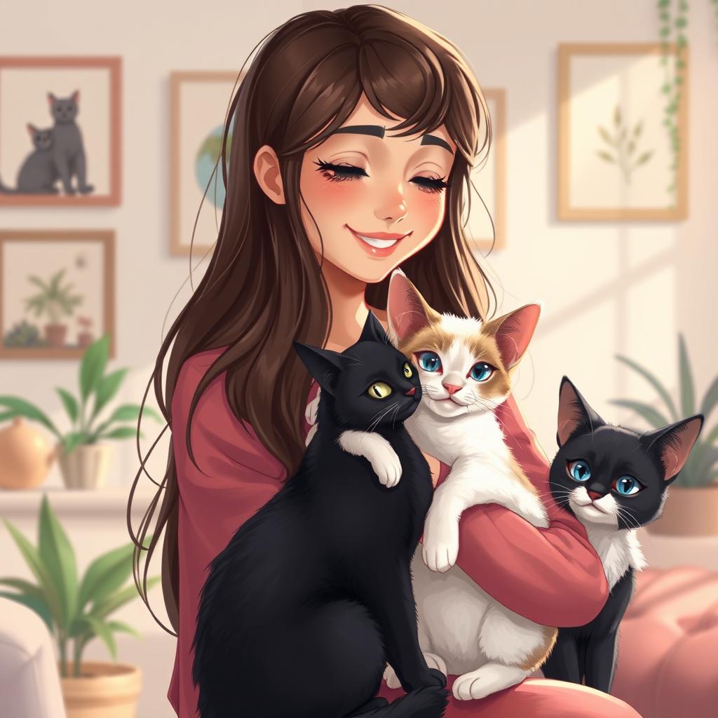 Um encantador desenho de uma jovem garota com cabelo longo, sorrindo enquanto segura um gato siames com olhos azuis e pelagem creme, aconchegado em seus braços