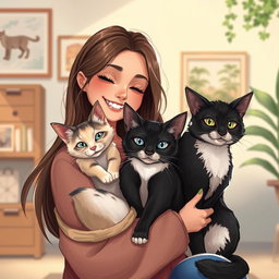 Um encantador desenho de uma jovem garota com cabelo longo, sorrindo enquanto segura um gato siames com olhos azuis e pelagem creme, aconchegado em seus braços
