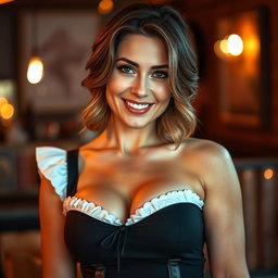 A beautiful 40-year-old woman exuding confidence, dressed in a sexy waitress outfit that accentuates her generous décolletage