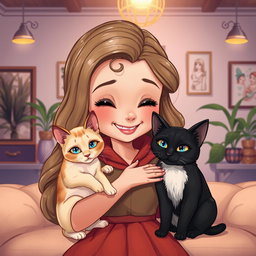 Um encantador desenho de uma menina com cabelos longos e ondulados, sorrindo enquanto segura um gato siamês aconchegado em seu peito, exibindo pelagem creme e olhos azuis vibrantes
