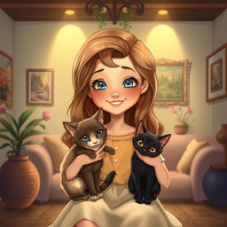 Um encantador desenho de uma menina com cabelos longos e ondulados, sorrindo enquanto segura um gato siamês aconchegado em seu peito, exibindo pelagem creme e olhos azuis vibrantes