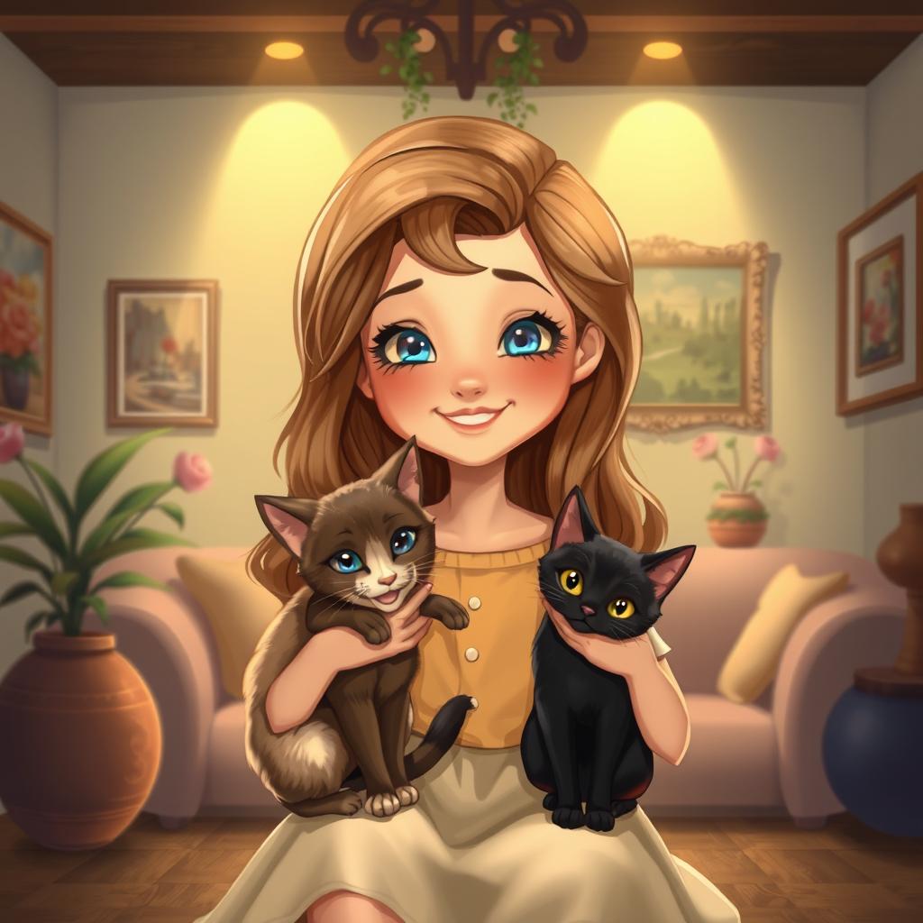 Um encantador desenho de uma menina com cabelos longos e ondulados, sorrindo enquanto segura um gato siamês aconchegado em seu peito, exibindo pelagem creme e olhos azuis vibrantes