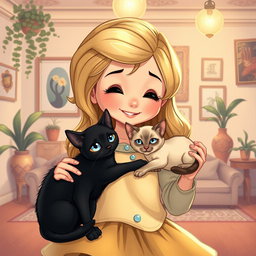 Um encantador desenho de uma menina com cabelos longos e ondulados, sorrindo enquanto segura um gato siamês aconchegado em seu peito, exibindo pelagem creme e olhos azuis vibrantes