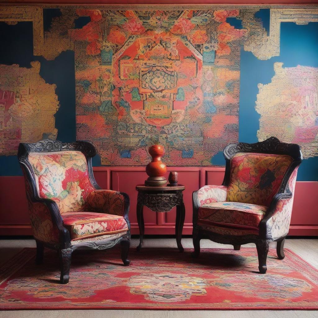 Two chairs situated in a scene, reflecting a modern Oriental aesthetic with an explosion of color, rich patterns, and artistic elements