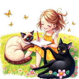 A charming drawing of a young girl sitting on a grassy patch, joyfully sketching in her notebook