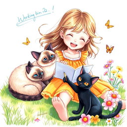 A charming drawing of a young girl sitting on a grassy patch, joyfully sketching in her notebook