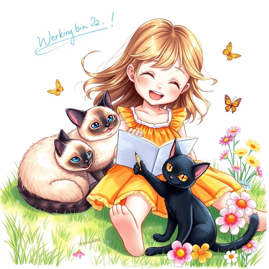 A charming drawing of a young girl sitting on a grassy patch, joyfully sketching in her notebook