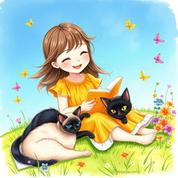 A charming drawing of a young girl sitting on a grassy patch, joyfully sketching in her notebook