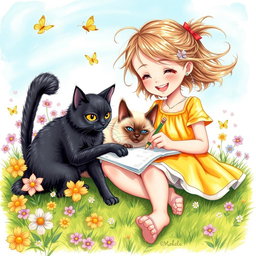 A charming drawing of a young girl sitting on a grassy patch, joyfully sketching in her notebook