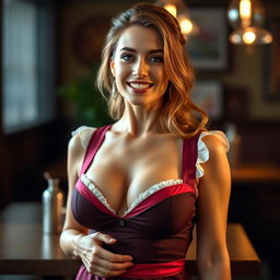 A beautiful 40-year-old woman, dressed in a sexy waitress outfit that showcases her ample décolletage