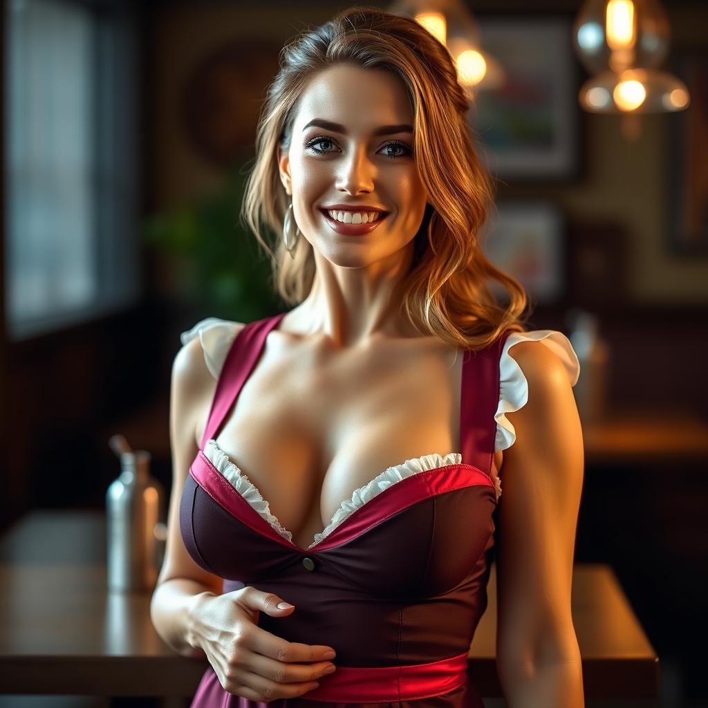 A beautiful 40-year-old woman, dressed in a sexy waitress outfit that showcases her ample décolletage