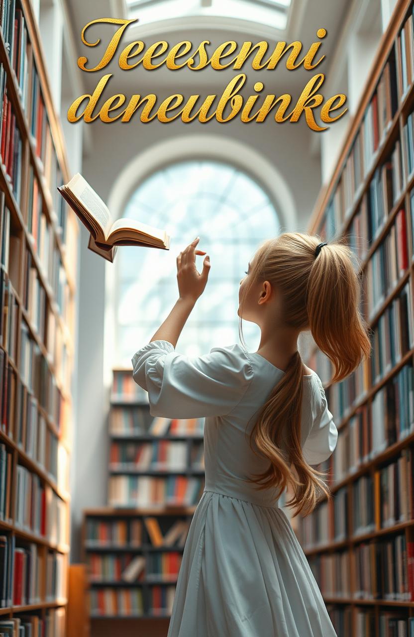 A beautiful scene in a bright library, featuring a girl with waist-length wheat-colored hair tied in a high ponytail, dressed in an elegant white dress