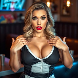 A beautiful 40-year-old woman dressed in a sexy waitress outfit that accentuates her ample cleavage and voluptuous figure