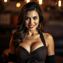 A stunning 40-year-old woman dressed in a sexy waitress outfit that accentuates her generous décolletage