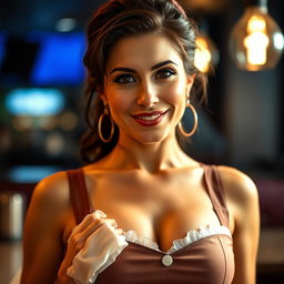 A stunning 40-year-old woman dressed in a sexy waitress outfit that accentuates her generous décolletage