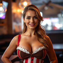 A stunning 40-year-old woman dressed in a sexy waitress outfit that accentuates her generous décolletage