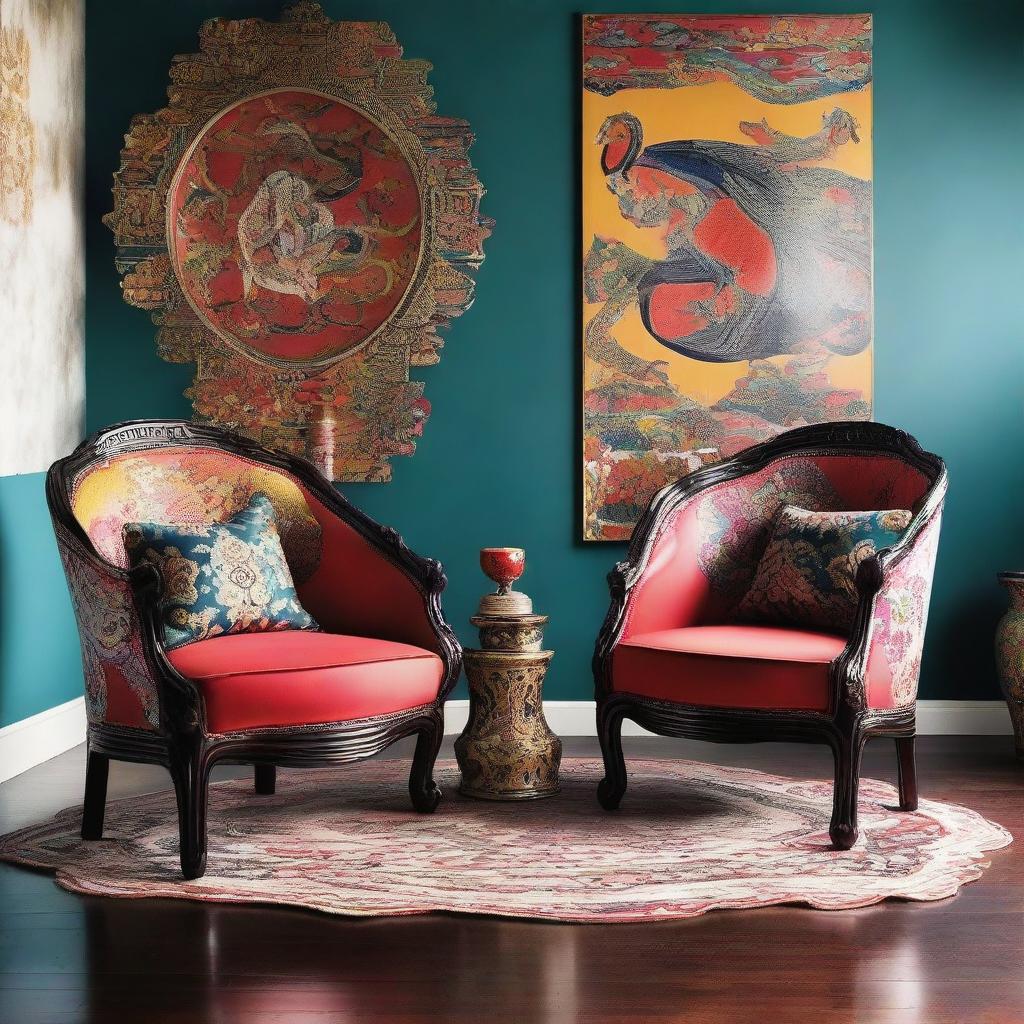 Two chairs situated in a scene, reflecting a modern Oriental aesthetic with an explosion of color, rich patterns, and artistic elements