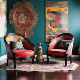 Two chairs situated in a scene, reflecting a modern Oriental aesthetic with an explosion of color, rich patterns, and artistic elements