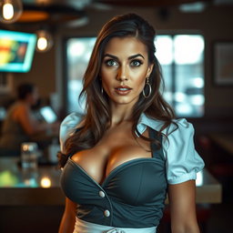 A stunningly attractive 40-year-old woman dressed in a sexy waitress outfit that highlights her generous cleavage