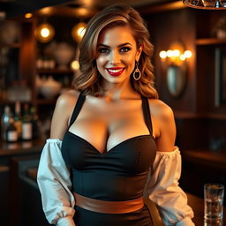 A beautiful 40-year-old woman dressed as a sexy waitress, showcasing a deep neckline, with excessively large breasts and a sultry expression, looking directly at the camera in a sensual pose
