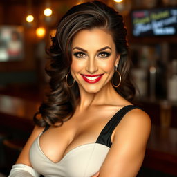 A beautiful 40-year-old woman dressed as a sexy waitress, showcasing a deep neckline, with excessively large breasts and a sultry expression, looking directly at the camera in a sensual pose