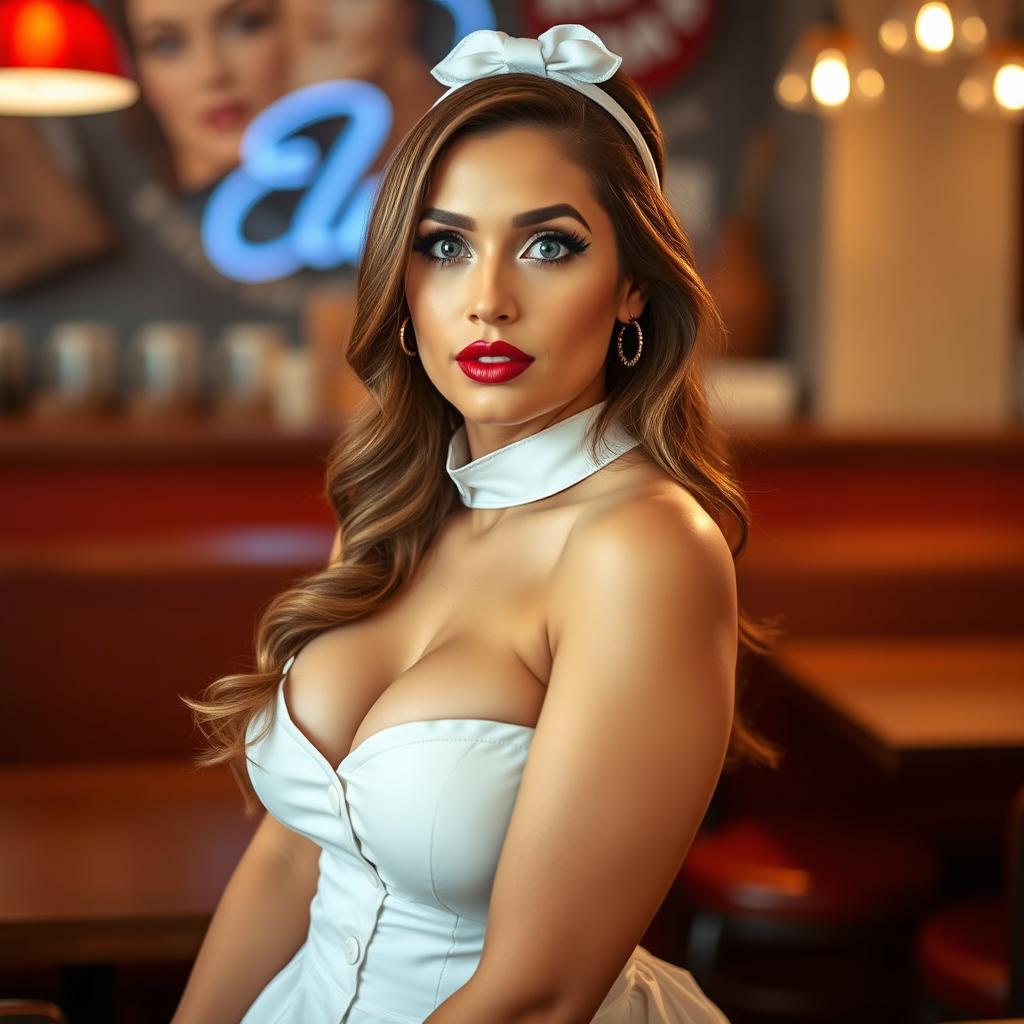 A gorgeous 40-year-old woman dressed in a sexy waitress outfit that highlights her curvy figure and ample cleavage