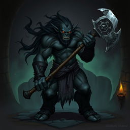 A languid orc made of shadow, depicted in a Dungeons and Dragons style illustration