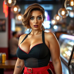 A strikingly attractive 40-year-old woman, embodying confidence in a revealing sexy waitress outfit that showcases her generous cleavage and voluptuous curves