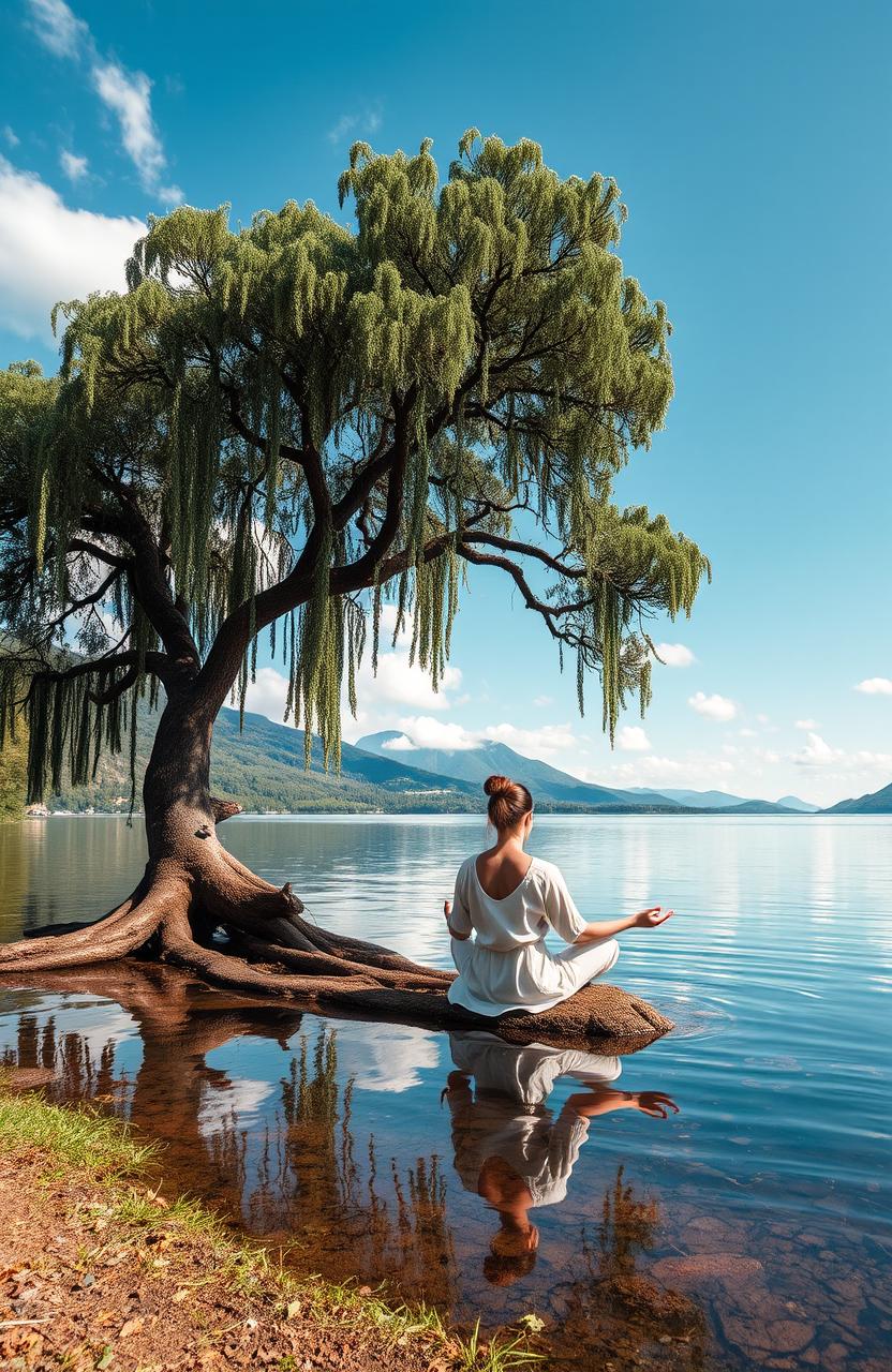 Um ambiente tranquilo com uma pessoa meditando sob uma árvore frondosa, cercada por um lago sereno refletindo montanhas suaves ao fundo