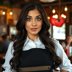 A beautiful 40-year-old woman dressed as a waitress, facing the camera with a surprised expression