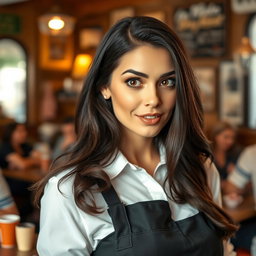 A beautiful 40-year-old woman dressed as a waitress, facing the camera with a surprised expression