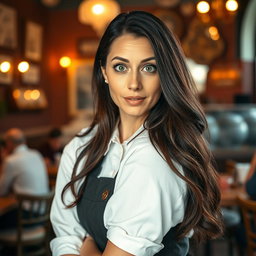 A beautiful 40-year-old woman dressed as a waitress, facing the camera with a surprised expression