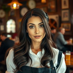 A beautiful 40-year-old woman dressed as a waitress, facing the camera with a surprised expression