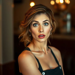 A beautiful 40-year-old woman dressed as a waitress with a surprised expression, facing the camera directly