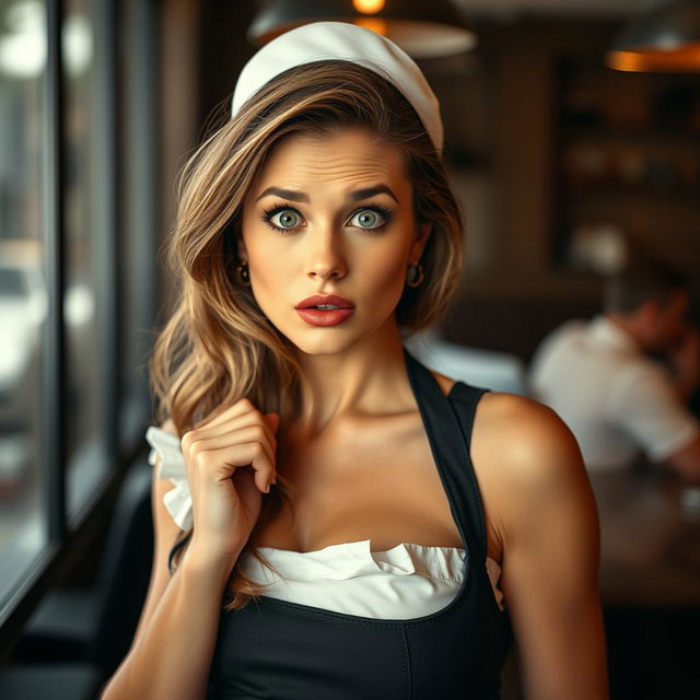 A beautiful 40-year-old woman dressed as a waitress with a surprised expression, facing the camera directly