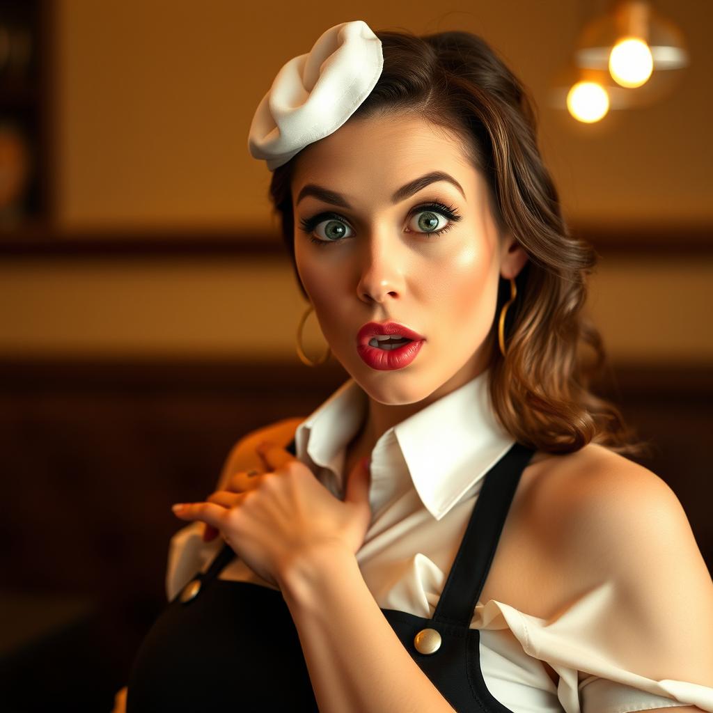 A beautiful 40-year-old woman dressed as a waitress with a surprised expression, facing the camera directly