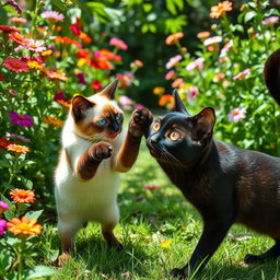 An engaging scene of a Siamese cat and a sleek black cat playfully fighting in a vibrant garden filled with colorful flowers and lush greenery