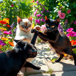 An engaging scene of a Siamese cat and a sleek black cat playfully fighting in a vibrant garden filled with colorful flowers and lush greenery